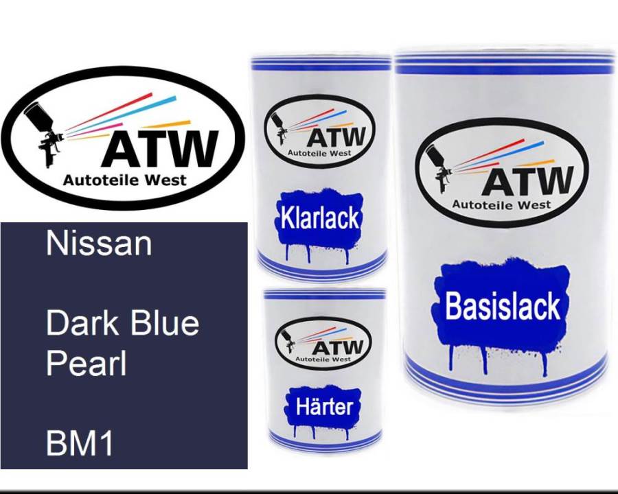 Nissan, Dark Blue Pearl, BM1: 500ml Lackdose + 500ml Klarlack + 250ml Härter - Set, von ATW Autoteile West.